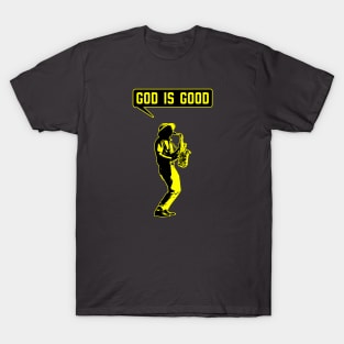 Christian saxophone player (saxophonist) in yellow and black T-Shirt